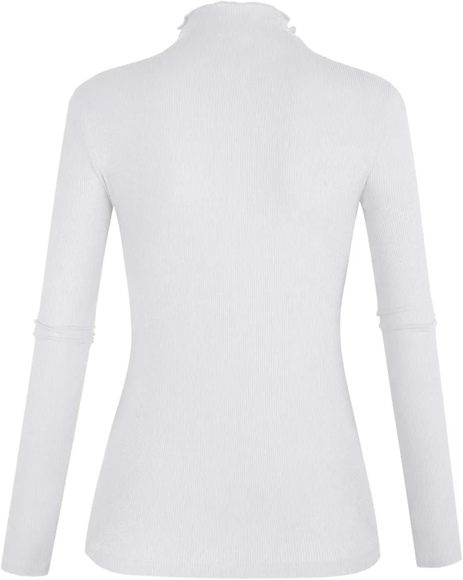 POPZONE Women's Lettuce Trim Mock Neck Long Sleeve Slim Fit Ribbed Knit Tee Shirt Tops