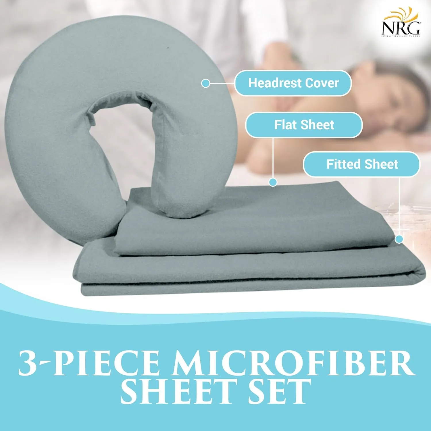 Premium Microfiber 3 Piece Massage Sheet Set by NRG - Includes Massage Table Flat Sheet, Fitted Sheet and Face Rest Cover - 100% Double Brushed Polyester, Soft as Silk - 120 GSM - Color: Ocean