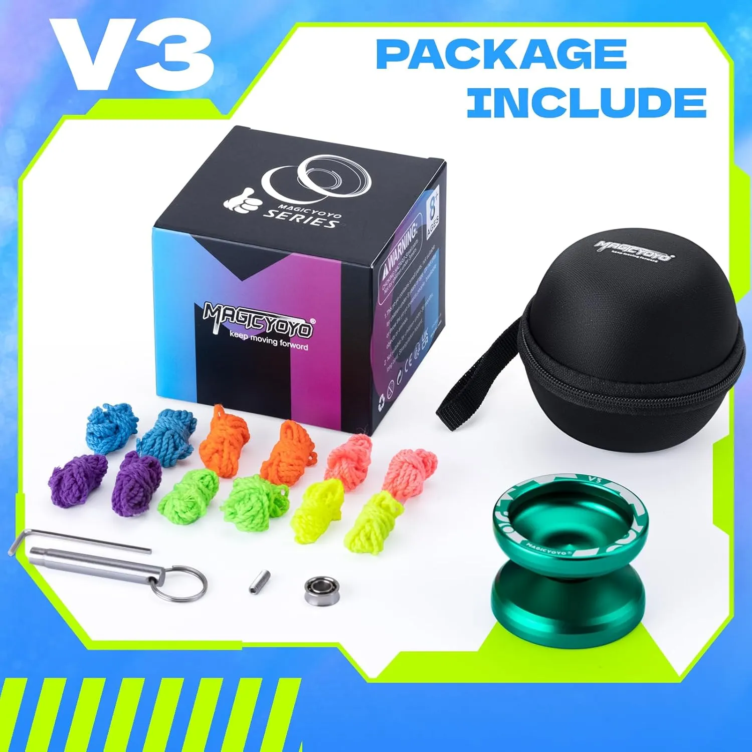 Professional Responsive Yoyo V3, MAGICYOYO Metal Yoyo for Beginner, Alloy Yoyo with Unresponsive Bearing   Bearing Removal Tool   Axle   Storage Bag   12 Yoyo Strings (Green)