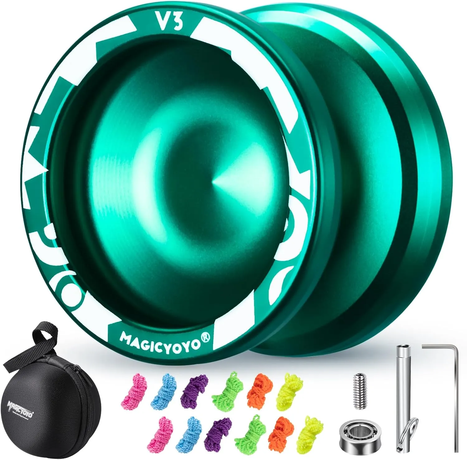 Professional Responsive Yoyo V3, MAGICYOYO Metal Yoyo for Beginner, Alloy Yoyo with Unresponsive Bearing   Bearing Removal Tool   Axle   Storage Bag   12 Yoyo Strings (Green)