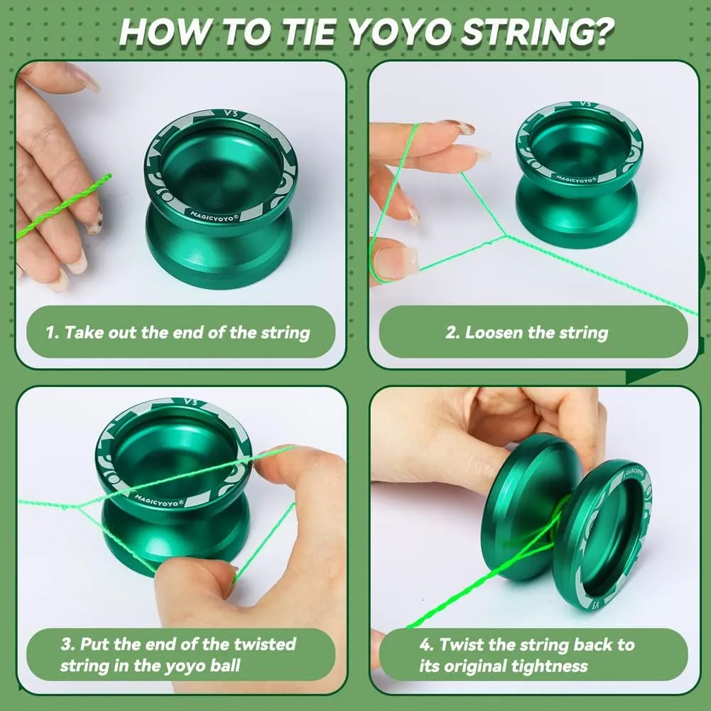 Professional Responsive Yoyo V3, MAGICYOYO Metal Yoyo for Beginner, Alloy Yoyo with Unresponsive Bearing   Bearing Removal Tool   Axle   Storage Bag   12 Yoyo Strings (Green)