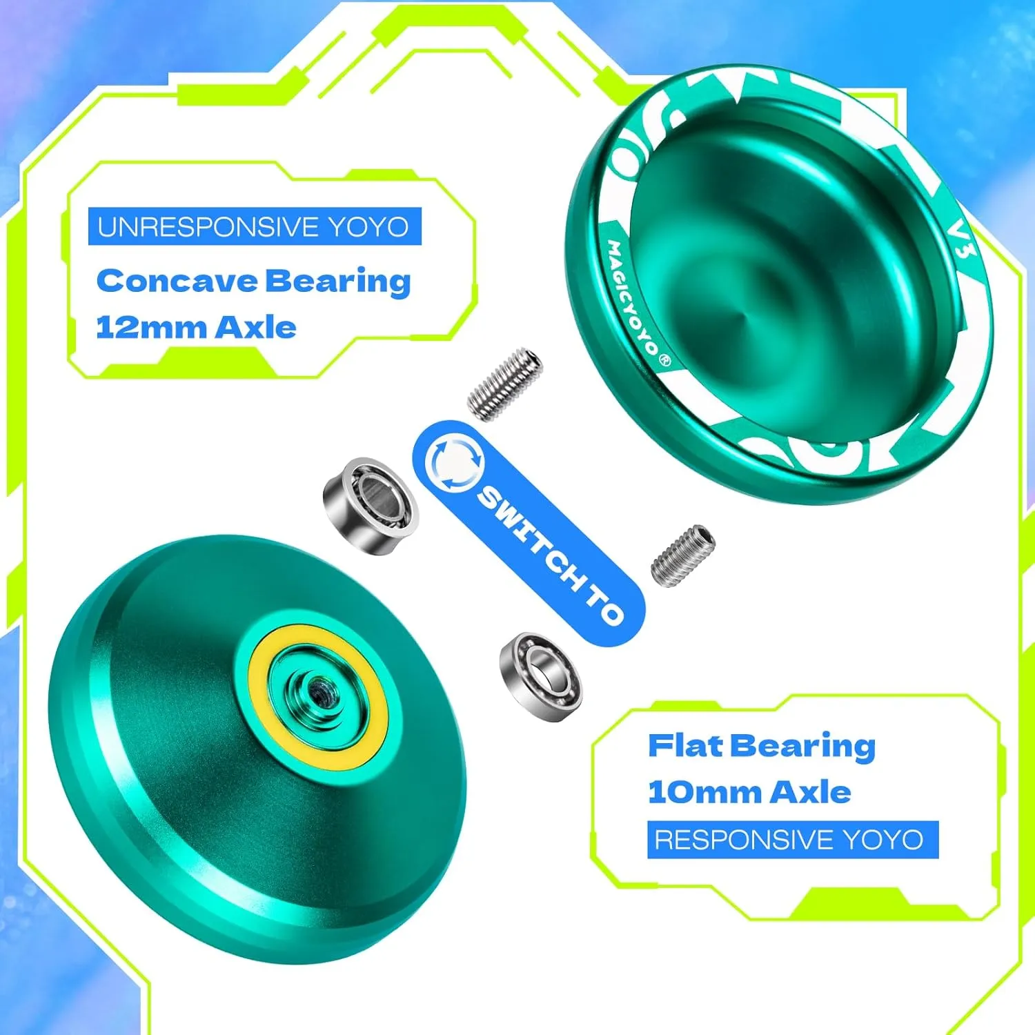 Professional Responsive Yoyo V3, MAGICYOYO Metal Yoyo for Beginner, Alloy Yoyo with Unresponsive Bearing   Bearing Removal Tool   Axle   Storage Bag   12 Yoyo Strings (Green)