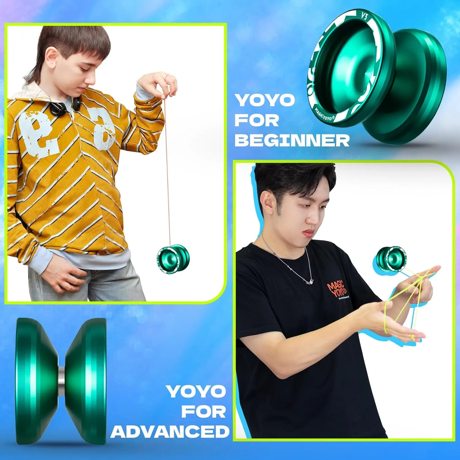 Professional Responsive Yoyo V3, MAGICYOYO Metal Yoyo for Beginner, Alloy Yoyo with Unresponsive Bearing   Bearing Removal Tool   Axle   Storage Bag   12 Yoyo Strings (Green)
