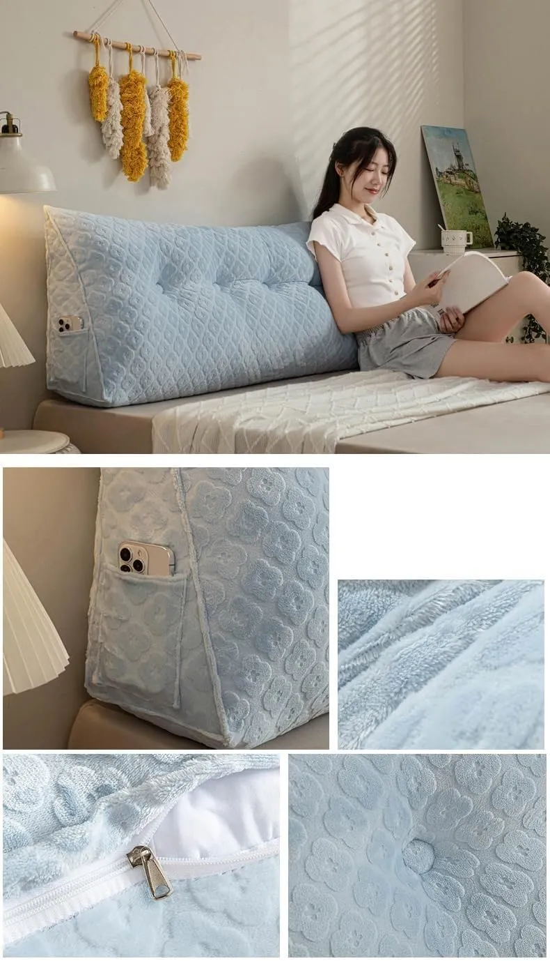 Queen Pillow Headboard Pillow Fleece Wedge Headboard Pillow, Triangular Headboard Reading Pillow, Washable Backrest Positioning Sofa Bed Support Cushion ( Color : Blue , Size : Twin:100*20*50cm )