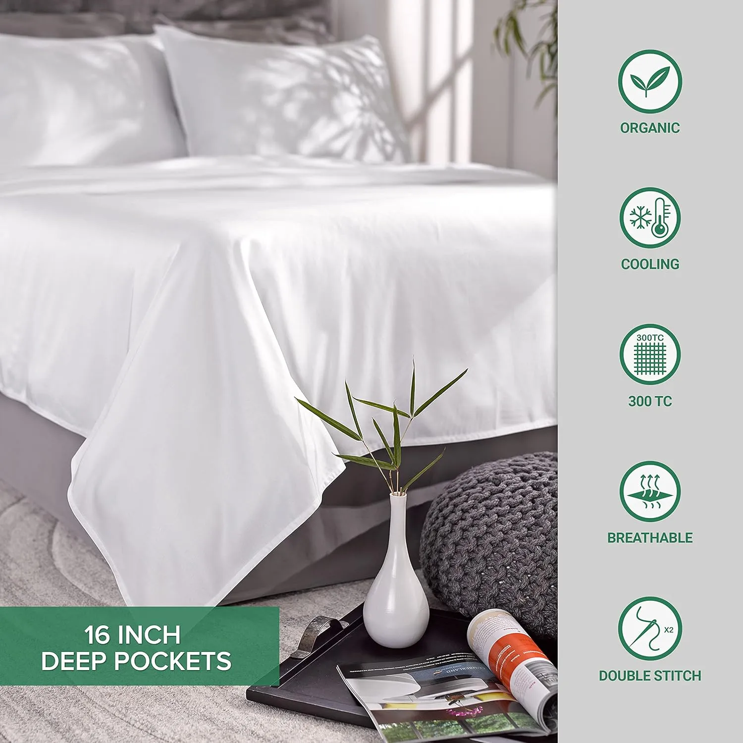 Queen Sheets by Pure Bamboo, Genuine 100% Organic Viscose Derived from Bamboo Bed Sheet Set, Luxuriously Soft & Cooling, Double Stitching, Lifetime Quality Promise (Queen, White)