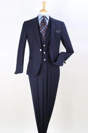 "Apollo King Men's Navy Vested Suit: Modern Fit & Peak Lapel"