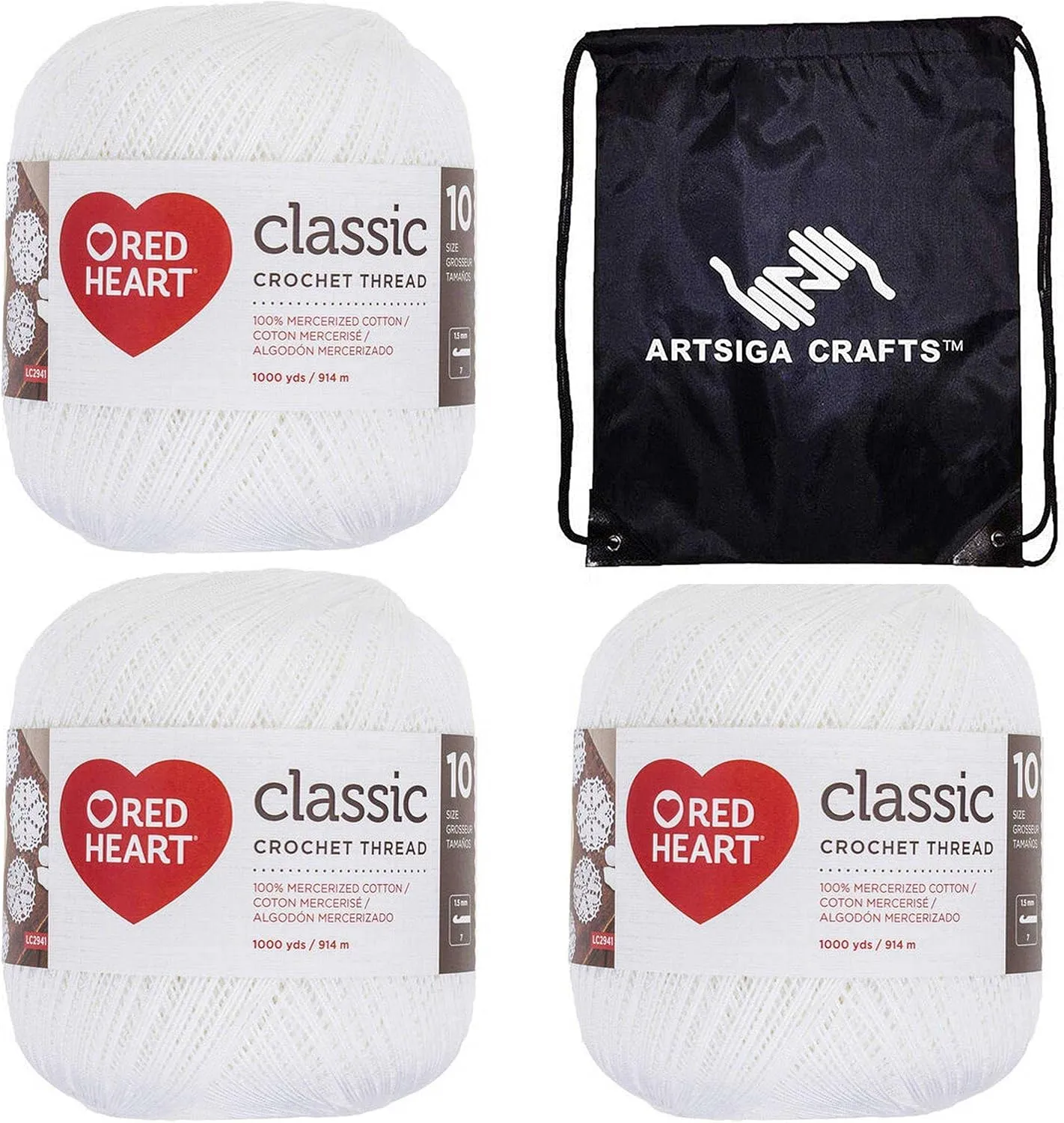 Red Heart Classic Crochet Thread Size 10 White 139-201 (3-Skeins - Same Dye Lot) Size Weight #10 Cotton Yarn for Crocheting and Knitting with Project Bag