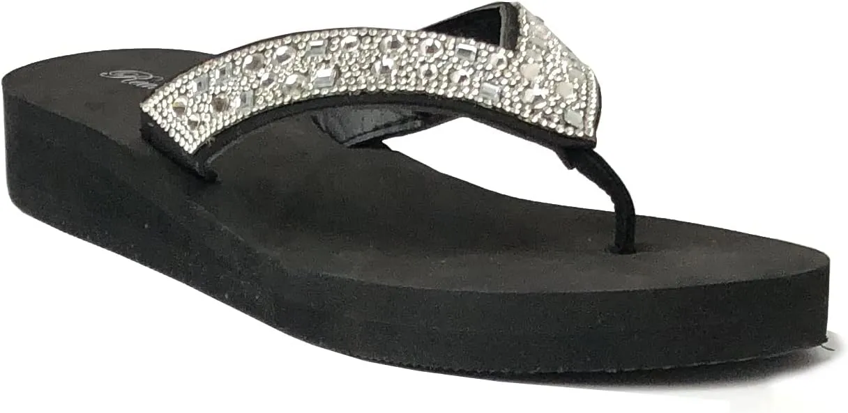 REDVOLUTION New Women's Rhinestone Sandals High | Low Platform T-Strap Jewel Sandals High Wedge Flip Flops