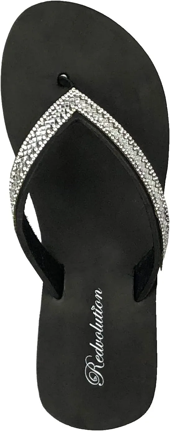 REDVOLUTION New Women's Rhinestone Sandals Platform T-Strap Jewel Sandals High Wedge Flip Flops