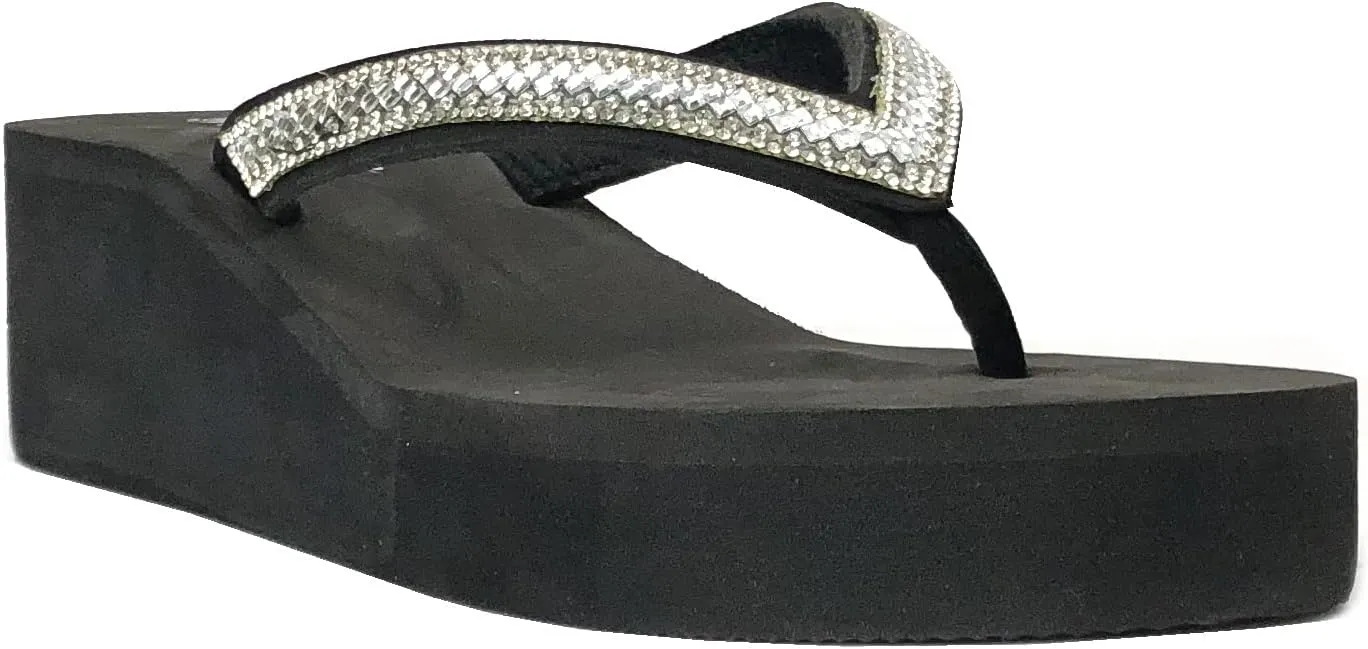 REDVOLUTION New Women's Rhinestone Sandals Platform T-Strap Jewel Sandals High Wedge Flip Flops