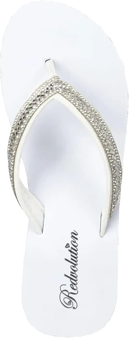 REDVOLUTION New Women's Rhinestone Sandals Platform T-Strap Jewel Sandals High Wedge Flip Flops