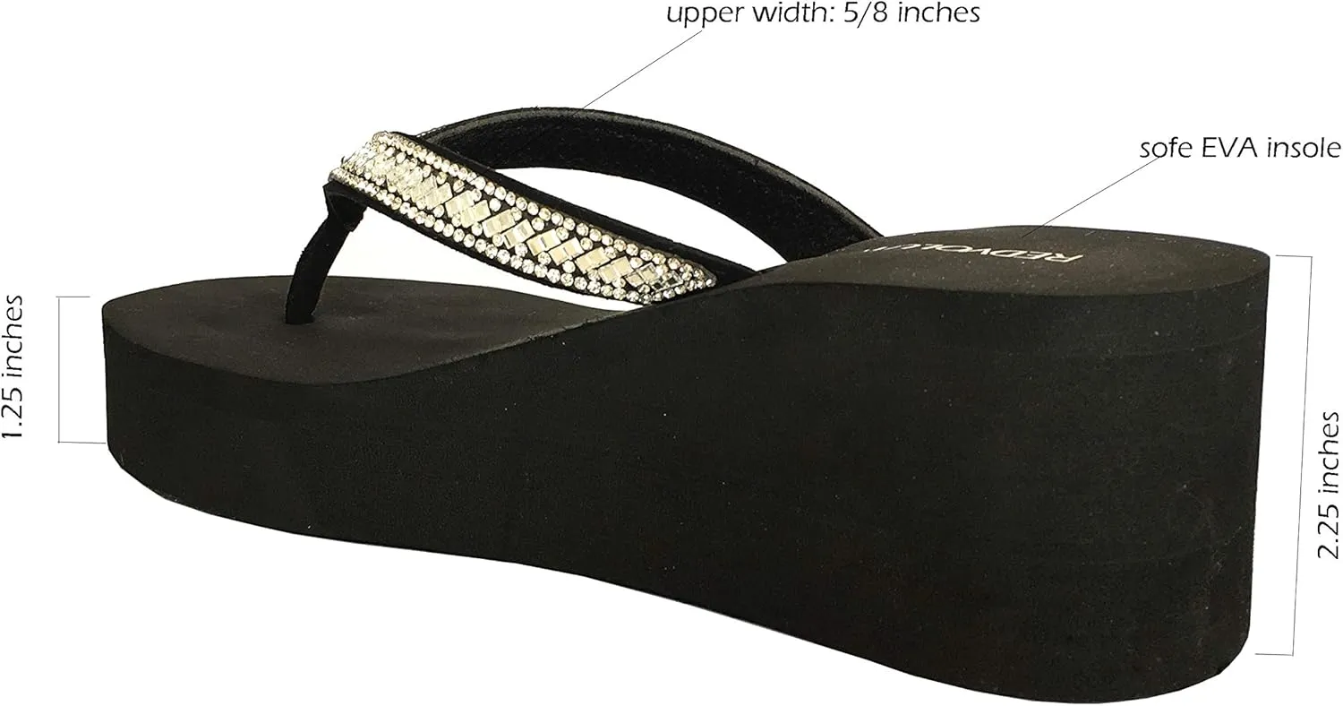 REDVOLUTION New Women's Rhinestone Sandals Platform T-Strap Jewel Sandals High Wedge Flip Flops