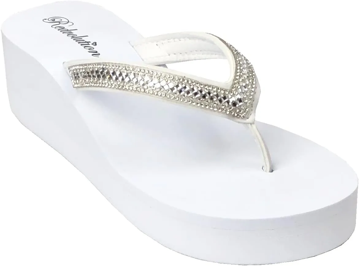 REDVOLUTION New Women's Rhinestone Sandals Platform T-Strap Jewel Sandals High Wedge Flip Flops