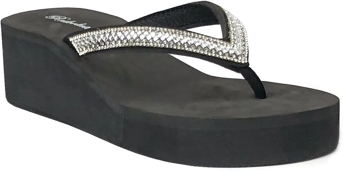 REDVOLUTION New Women's Rhinestone Sandals Platform T-Strap Jewel Sandals High Wedge Flip Flops