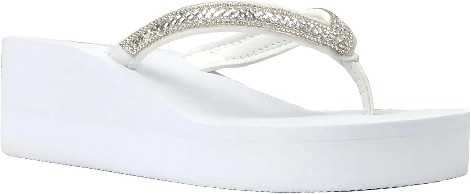 REDVOLUTION New Women's Rhinestone Sandals Platform T-Strap Jewel Sandals High Wedge Flip Flops