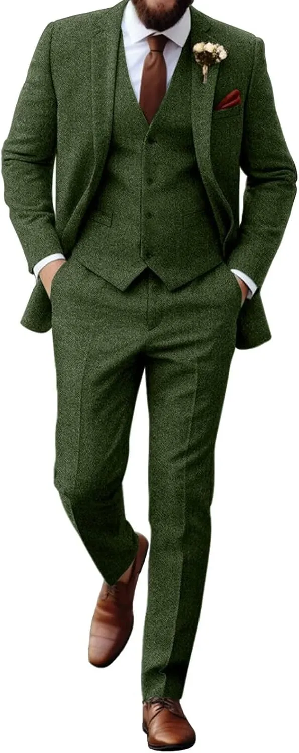 Retro Tweed Herringbone Suit for Men Slim Fit 3 Pieces Mens Suit Groom Dress Tuxedos Prom Suit Jacket Vest Pants