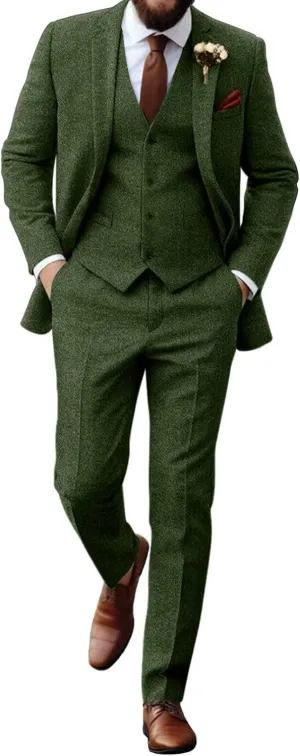 Retro Tweed Herringbone Suit for Men Slim Fit 3 Pieces Mens Suit Groom Dress Tuxedos Prom Suit Jacket Vest Pants