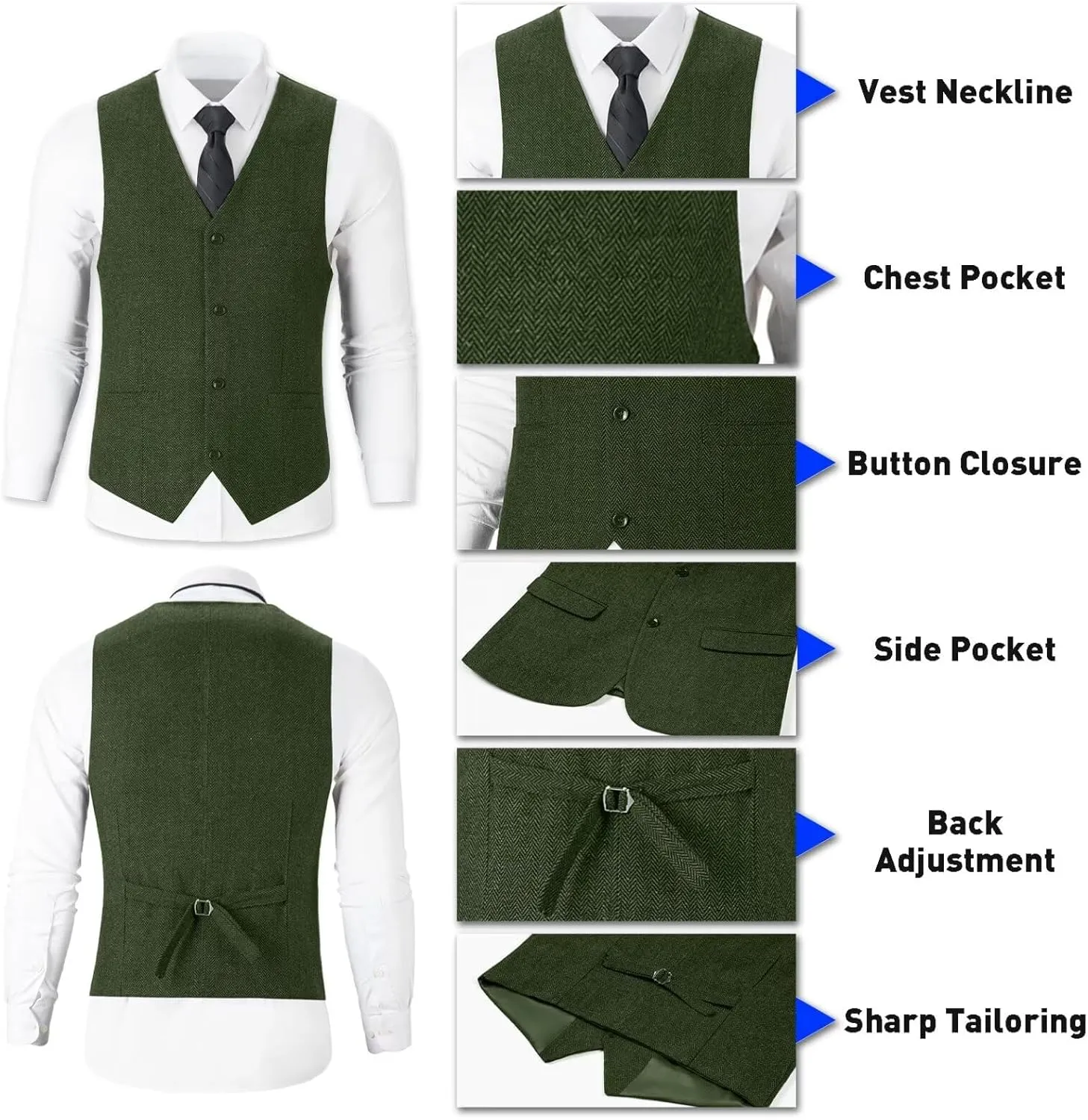 Retro Tweed Herringbone Suit for Men Slim Fit 3 Pieces Mens Suit Groom Dress Tuxedos Prom Suit Jacket Vest Pants