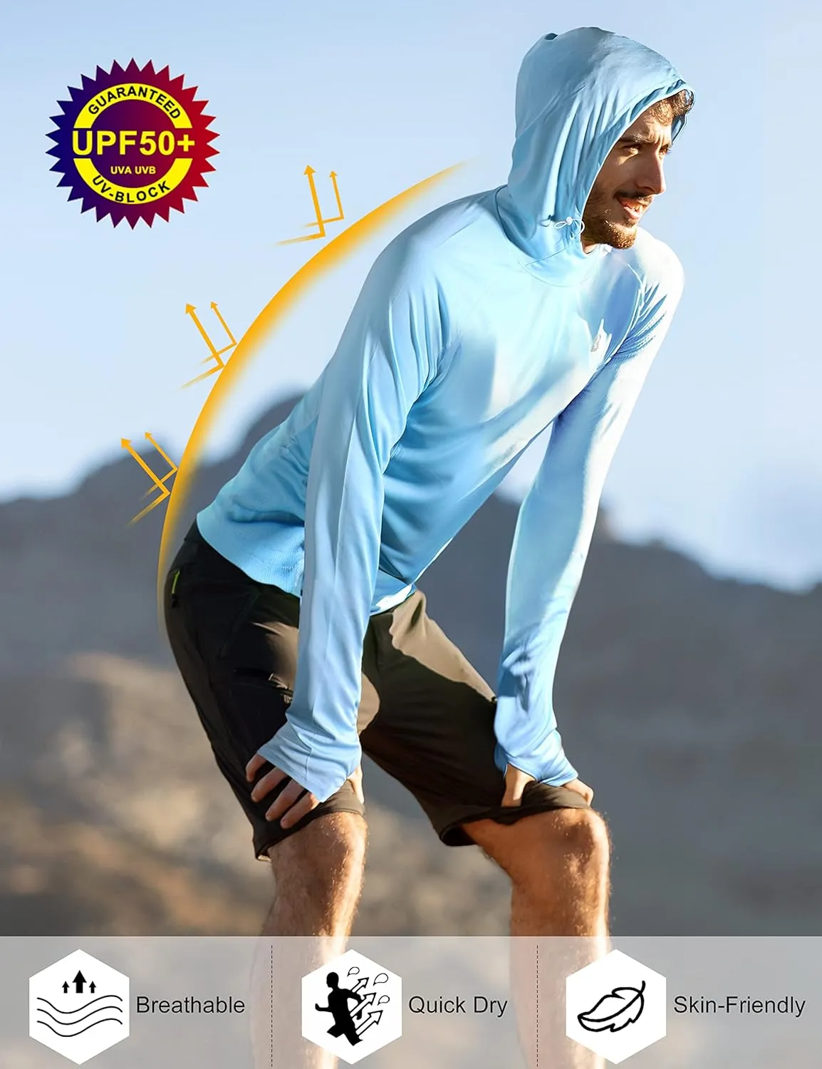 Roadbox UPF 50  Sun Protection Hoodie Shirt, Outdoor Fishing SPF UV Long Sleeve Shirts, Quick Dry Hiking Running Rash Guard