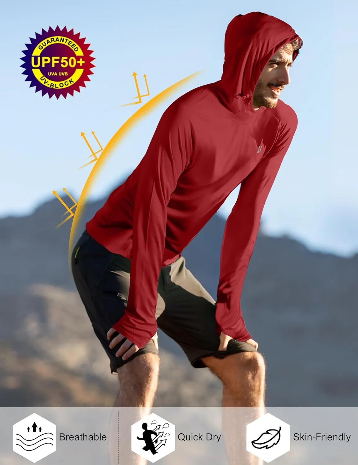 Roadbox UPF 50  Sun Protection Hoodie Shirt, Outdoor Fishing SPF UV Long Sleeve Shirts, Quick Dry Hiking Running Rash Guard