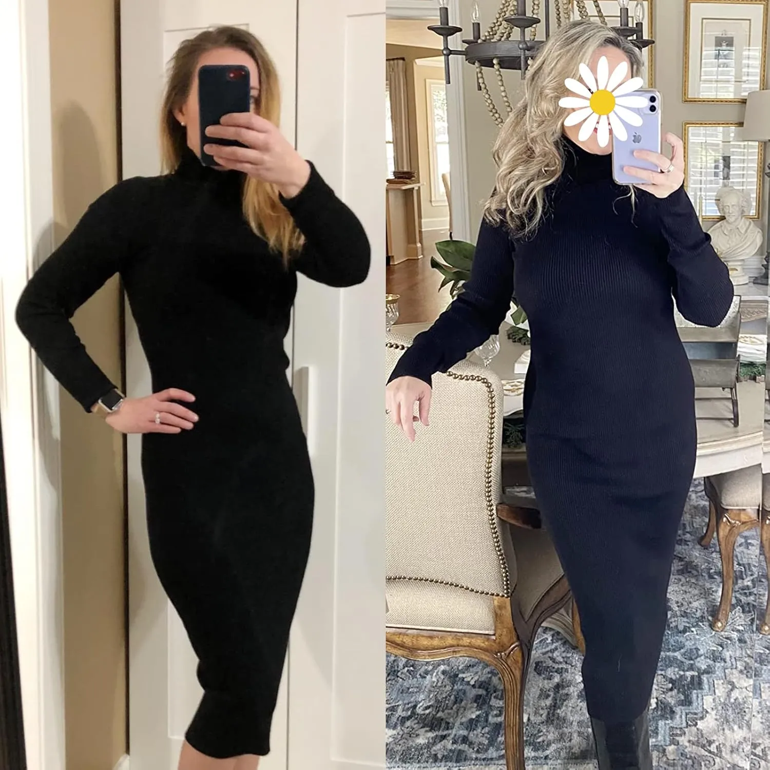 Rocorose Women's Turtleneck Ribbed Elbow Long Sleeve Knit Sweater Dress
