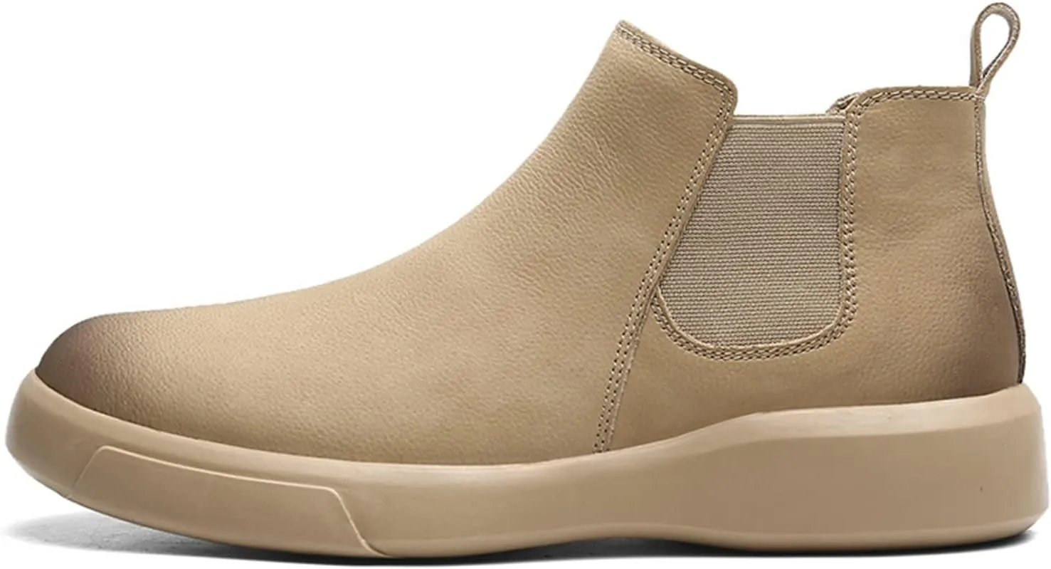 Round Toe Ankle Boots for Men Burnished Toe Elastic Bandage Cowhide Leather Waterproof Wearable Anti-Slip On Non Slip Work Casual