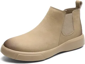 Round Toe Ankle Boots for Men Burnished Toe Elastic Bandage Cowhide Leather Waterproof Wearable Anti-Slip On Non Slip Work Casual
