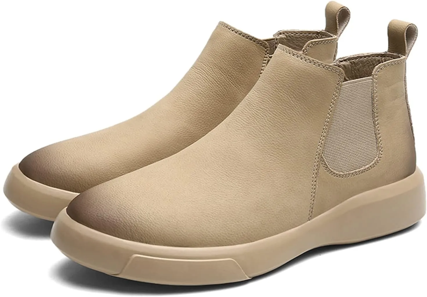 Round Toe Ankle Boots for Men Burnished Toe Elastic Bandage Cowhide Leather Waterproof Wearable Anti-Slip On Non Slip Work Casual