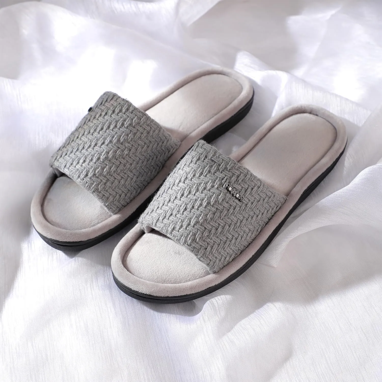Roxoni Velvet Knit Flat Sandals for Women - Stylish Textured Woven Surface, Soft Ridge Around Insole