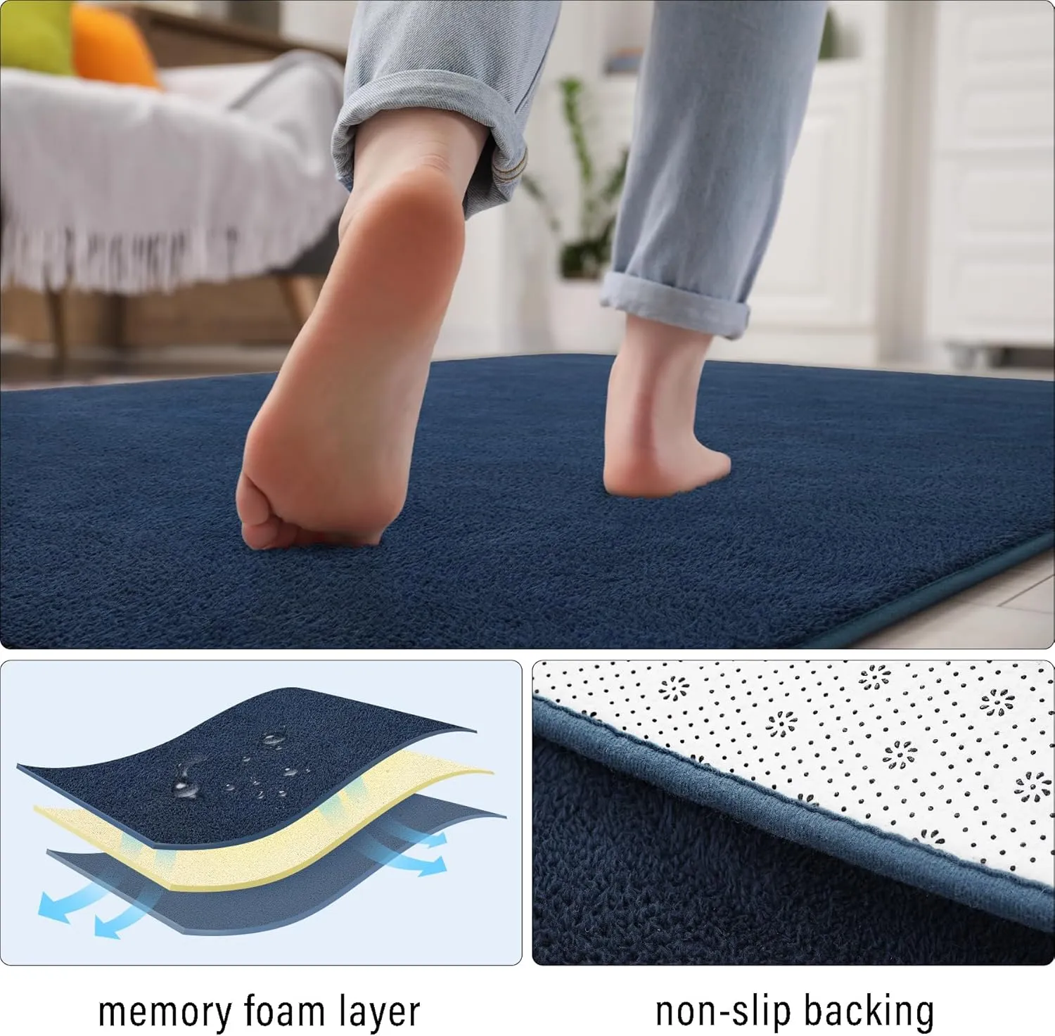 Royal Blue Area Rugs - Minimalist 4x6, Soft Memory-Foam for Bedroom & Nursery, Thick Washable Dorm Apartment Floor Carpet
