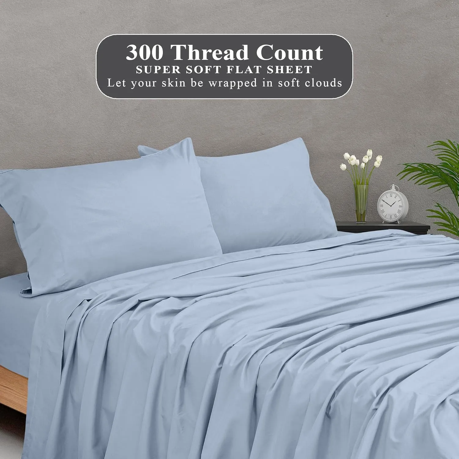 Royale Linens 300 Thread Count 100% Long Staple Combed Cotton Flat Sheet - Super Soft - Top Sheets - Queen Flat Sheet Sold Separately - Breathable, Cool & Crisp Percale Sheets Only (Queen, Lake Blue)