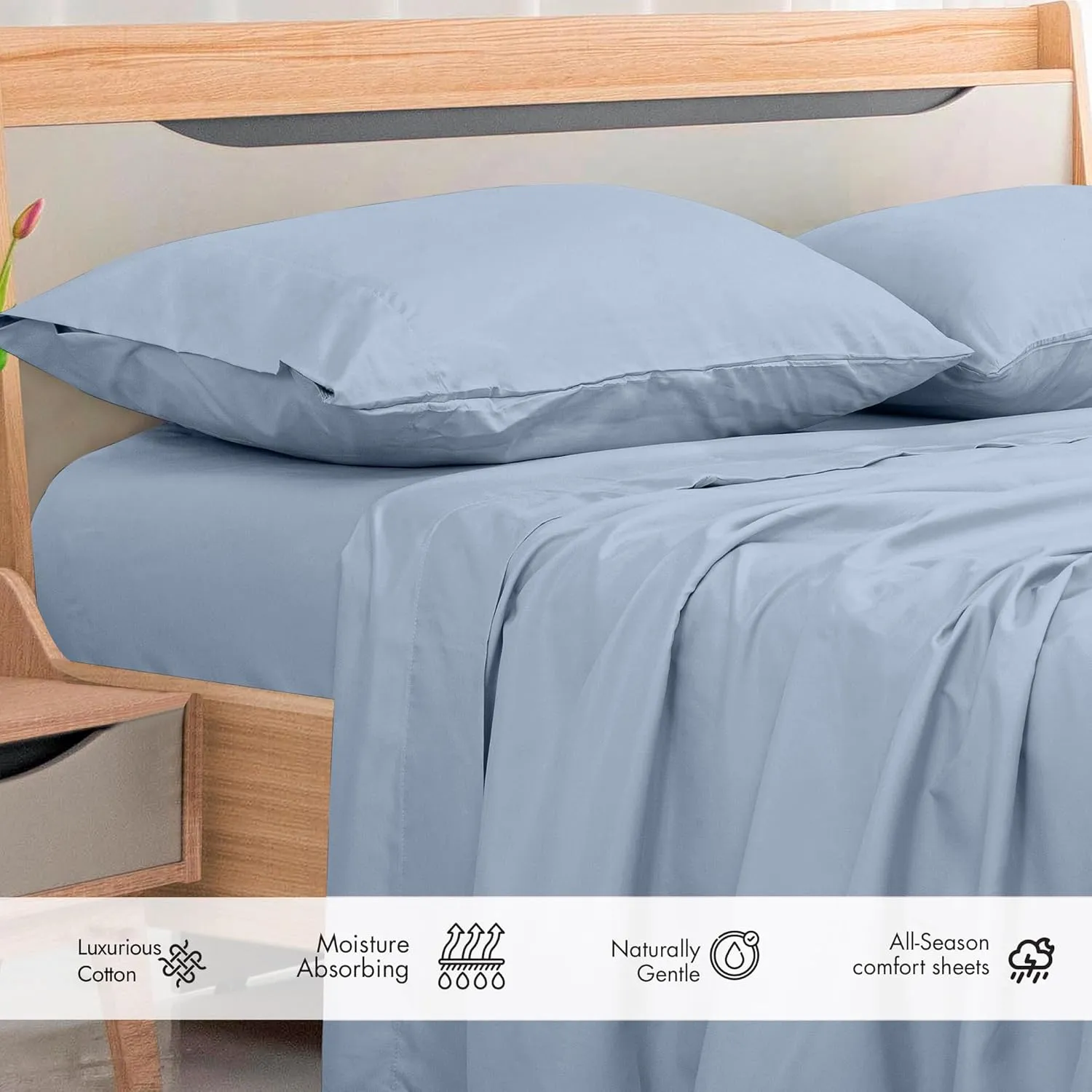 Royale Linens 300 Thread Count 100% Long Staple Combed Cotton Flat Sheet - Super Soft - Top Sheets - Queen Flat Sheet Sold Separately - Breathable, Cool & Crisp Percale Sheets Only (Queen, Lake Blue)