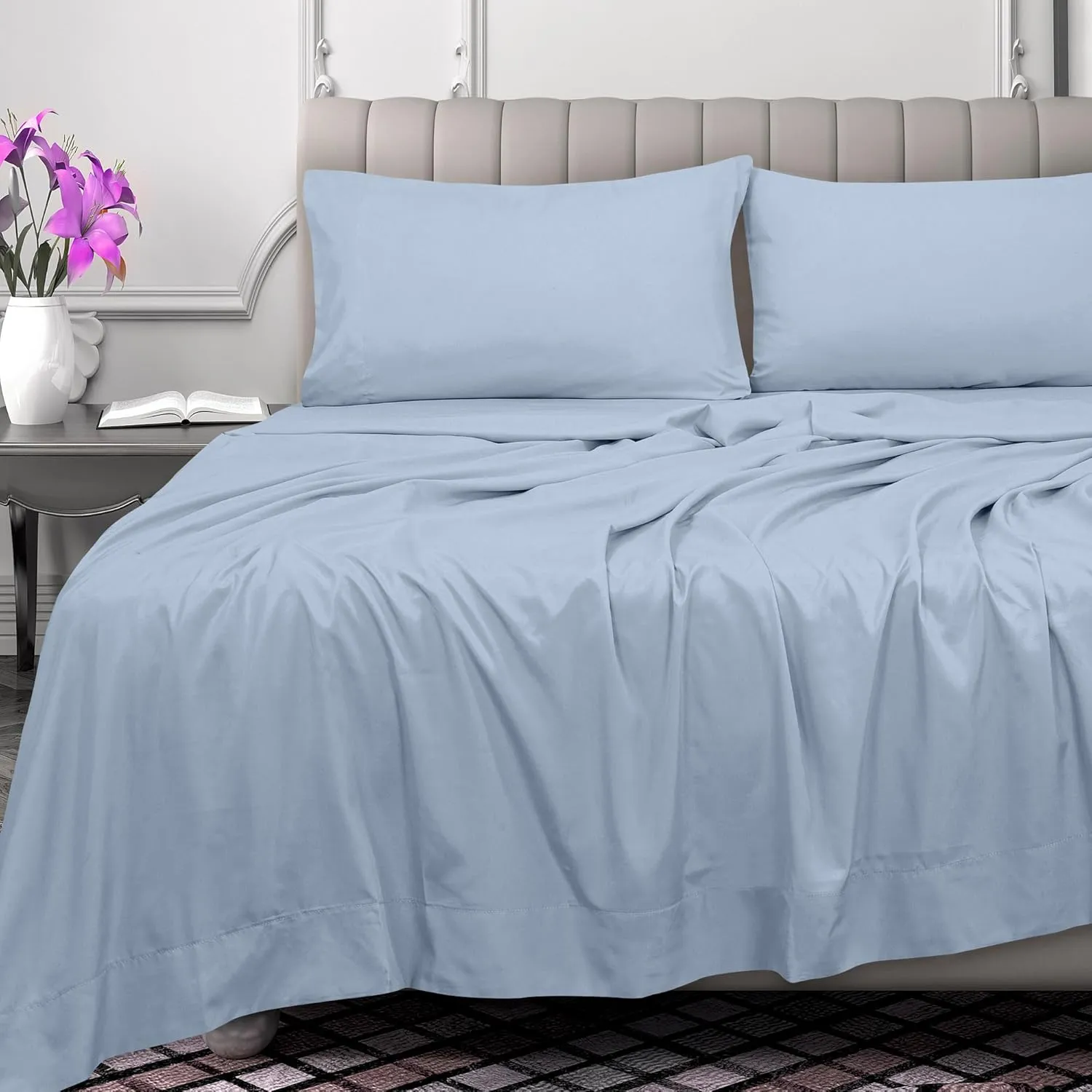 Royale Linens 300 Thread Count 100% Long Staple Combed Cotton Flat Sheet - Super Soft - Top Sheets - Queen Flat Sheet Sold Separately - Breathable, Cool & Crisp Percale Sheets Only (Queen, Lake Blue)