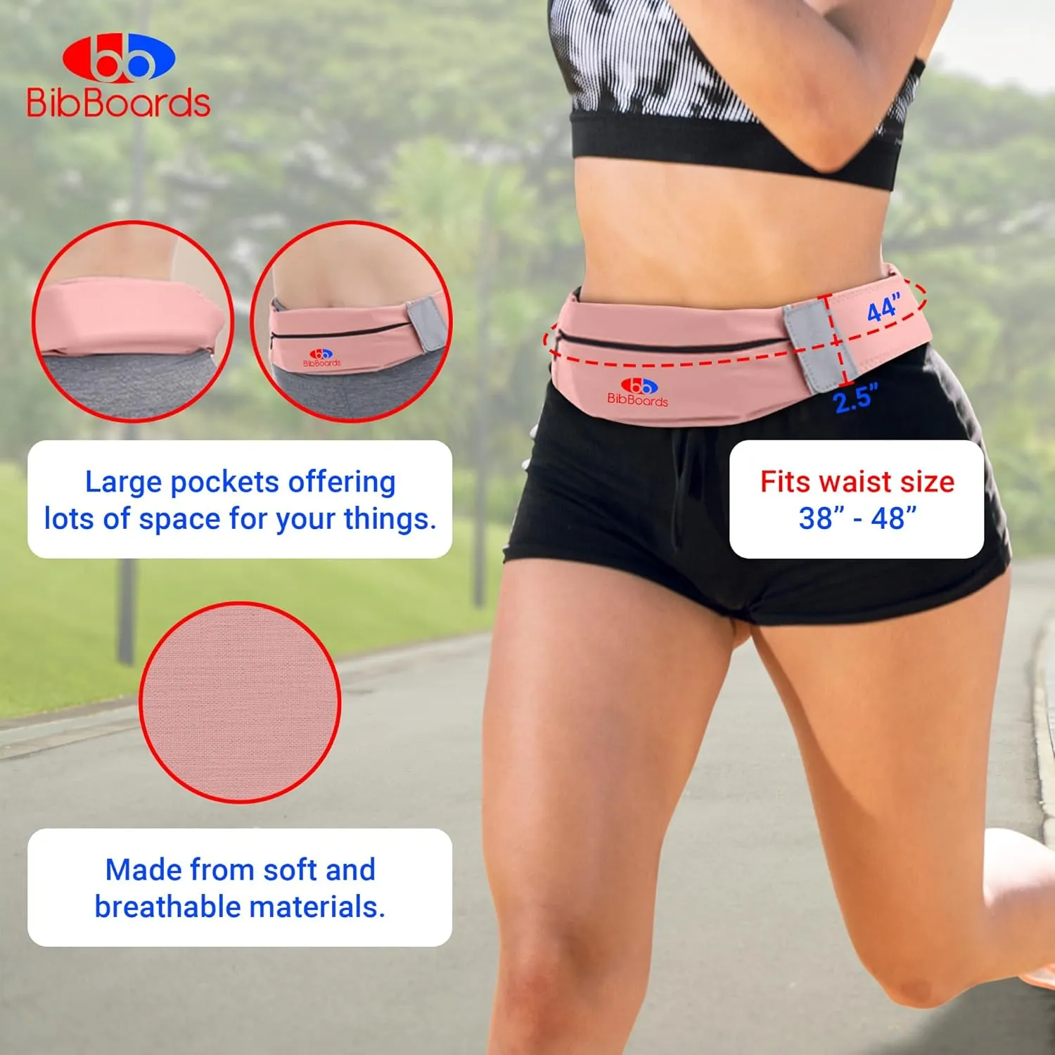 Running Belt, Pink | No-Bounce, Water & Sweat-Resistant Fanny Pack for Phone, Keys, Cards | Adjustable Waist 38”-48” | Lightweight for Running, Cycling, Hiking, Marathons and Races