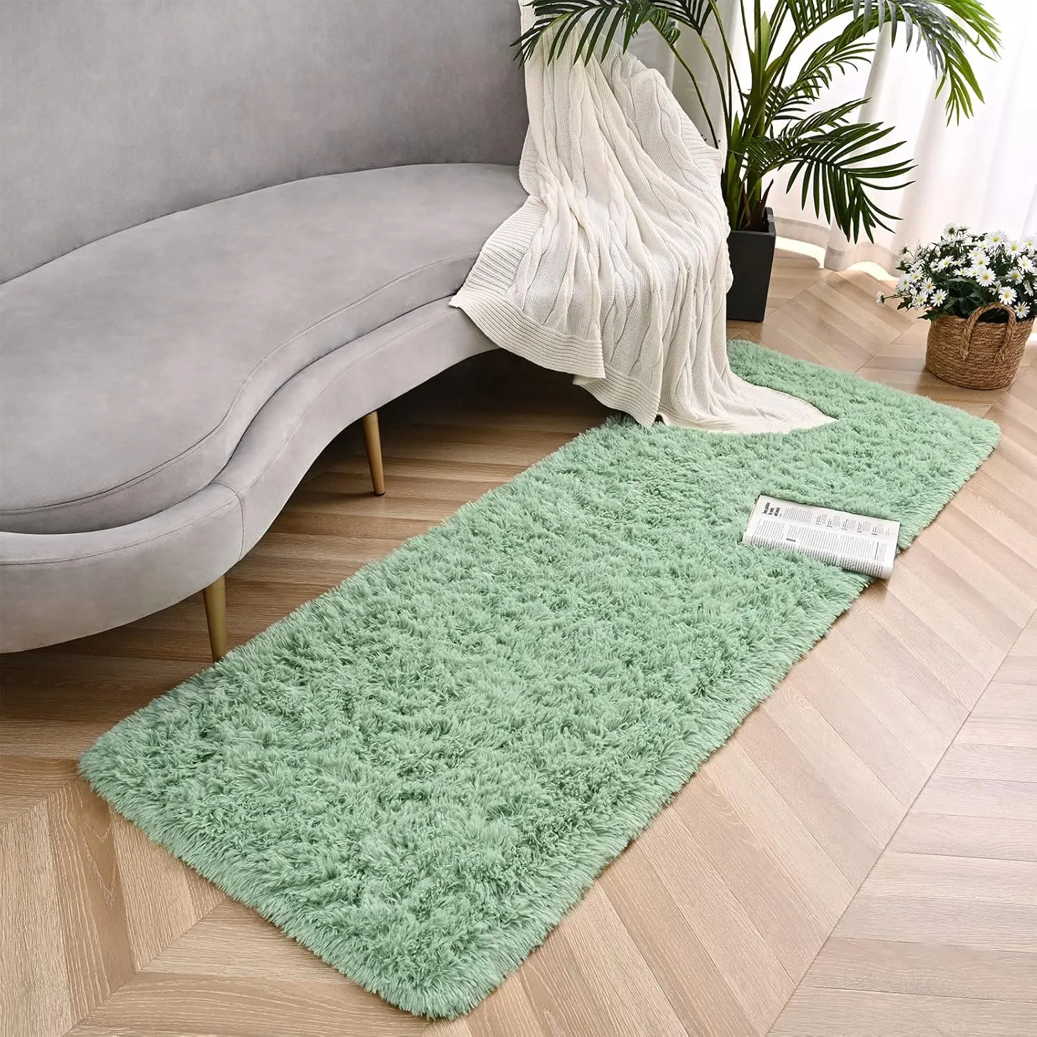 Sage Green Rug for Bedroom, 2x4 Fluffy Bedside Rugs Runner Throw Area Rug Carpets,Soft Shaggy Rug for Kids Boys Girls Room Nursery, Furry Shag Small Rug Indoor Carpet Home Decor