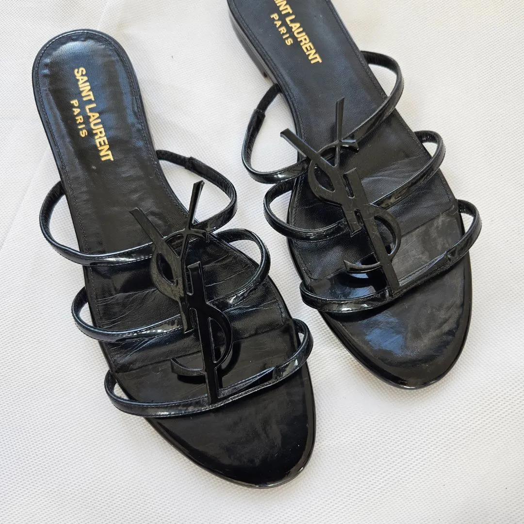 Saint Laurent Black Cassandra Flat Sandals  38