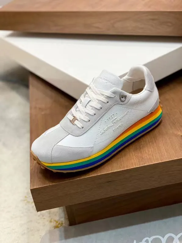SALVATORE FERRAGAMO || Iggy Rainbow-heel Retro Trainers In White