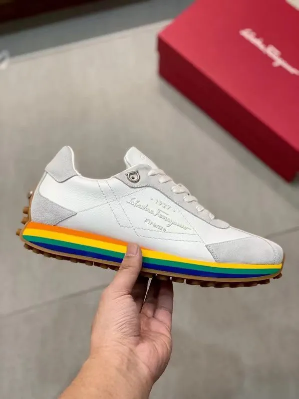 SALVATORE FERRAGAMO || Iggy Rainbow-heel Retro Trainers In White