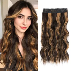 SEGO One Pieces 5 Clips in Hair Extensions Wavy Natural Soft Synthetic Hairpieces for Women Hair Clip Extensions for Women,24inch Black Brown Mixed Dark Blonde,180g