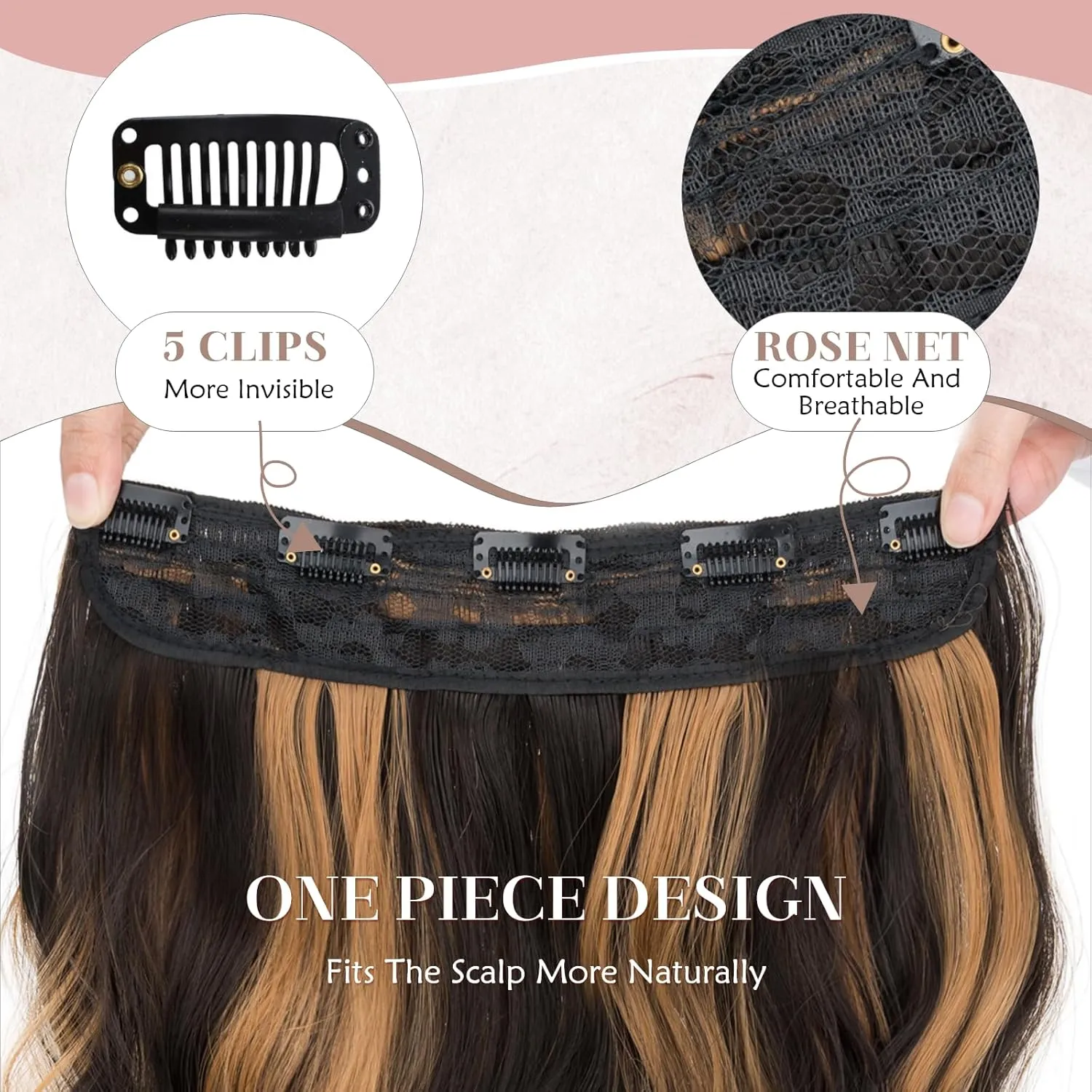 SEGO One Pieces 5 Clips in Hair Extensions Wavy Natural Soft Synthetic Hairpieces for Women Hair Clip Extensions for Women,24inch Black Brown Mixed Dark Blonde,180g
