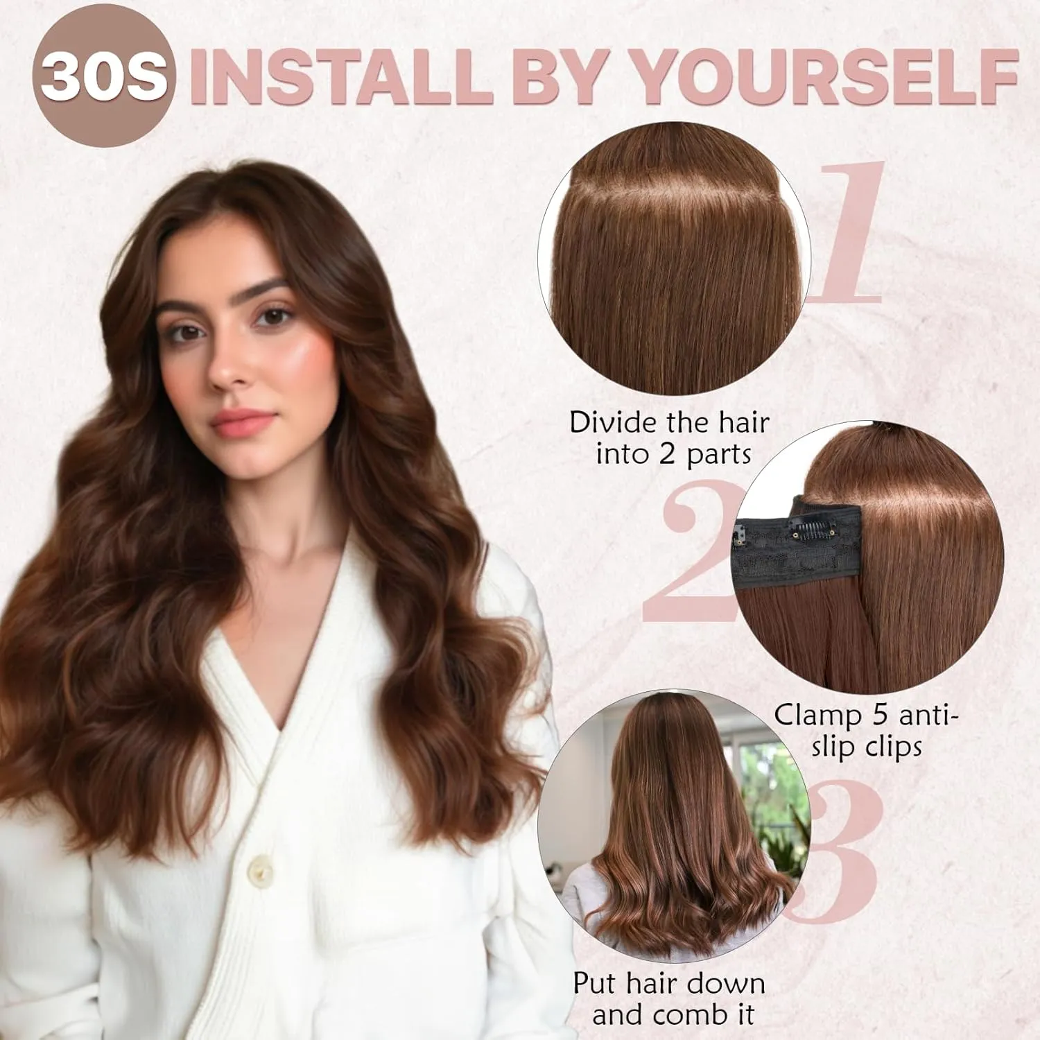SEGO One Pieces 5 Clips in Hair Extensions Wavy Natural Soft Synthetic Hairpieces for Women Hair Clip Extensions for Women,24inch Black Brown Mixed Dark Blonde,180g