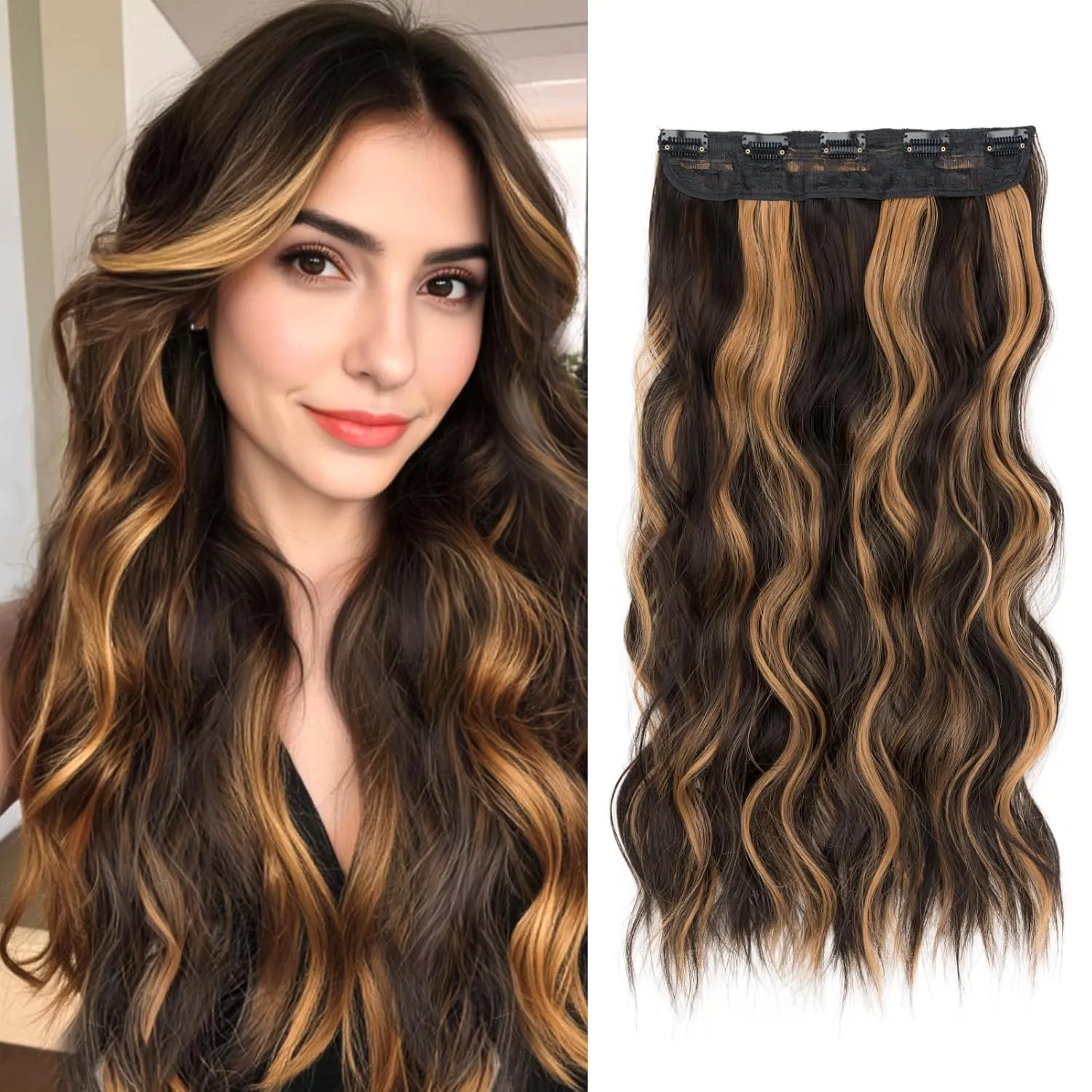 SEGO One Pieces 5 Clips in Hair Extensions Wavy Natural Soft Synthetic Hairpieces for Women Hair Clip Extensions for Women,24inch Black Brown Mixed Dark Blonde,180g