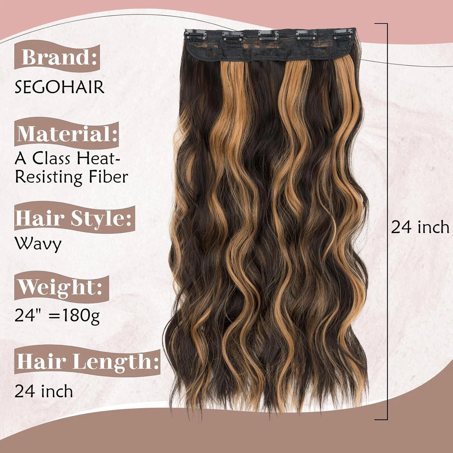 SEGO One Pieces 5 Clips in Hair Extensions Wavy Natural Soft Synthetic Hairpieces for Women Hair Clip Extensions for Women,24inch Black Brown Mixed Dark Blonde,180g