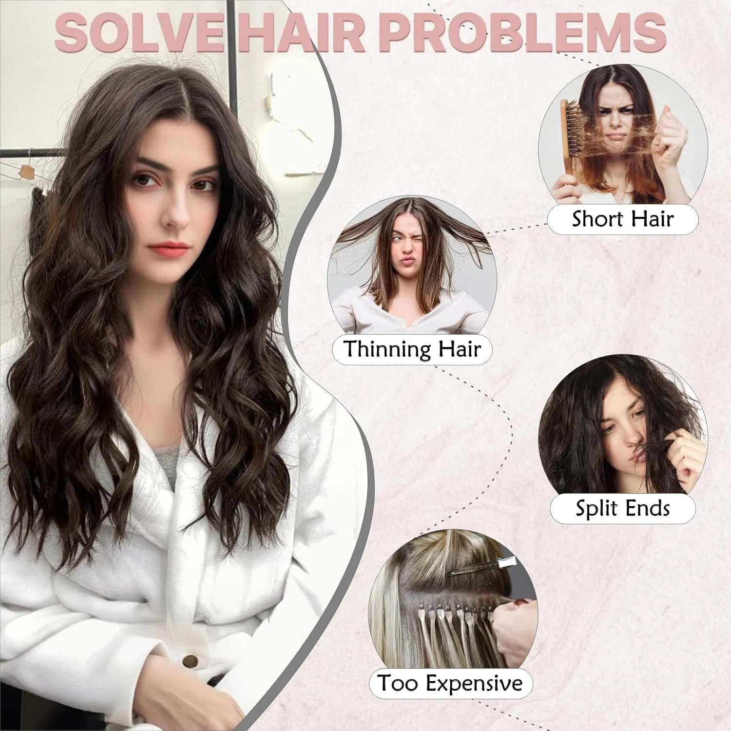 SEGO One Pieces 5 Clips in Hair Extensions Wavy Natural Soft Synthetic Hairpieces for Women Hair Clip Extensions for Women,24inch Black Brown Mixed Dark Blonde,180g
