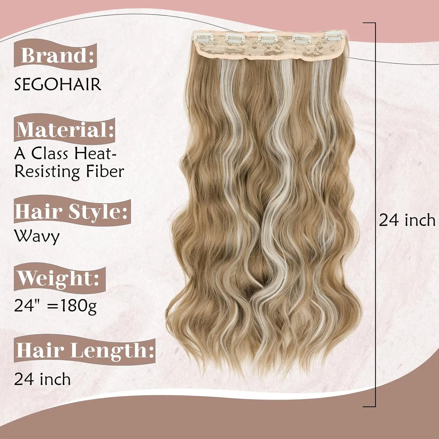 SEGO One Pieces 5 Clips in Hair Extensions Wavy Natural Soft Synthetic Hairpieces for Women Hair Clip Extensions for Women,24inch Black Brown,180g