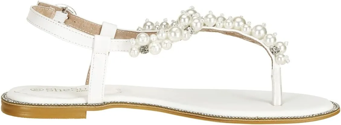 SheSole Women's Pearl Rhinestone Flats Sandals T-Strap Bride Wedding Shoes White