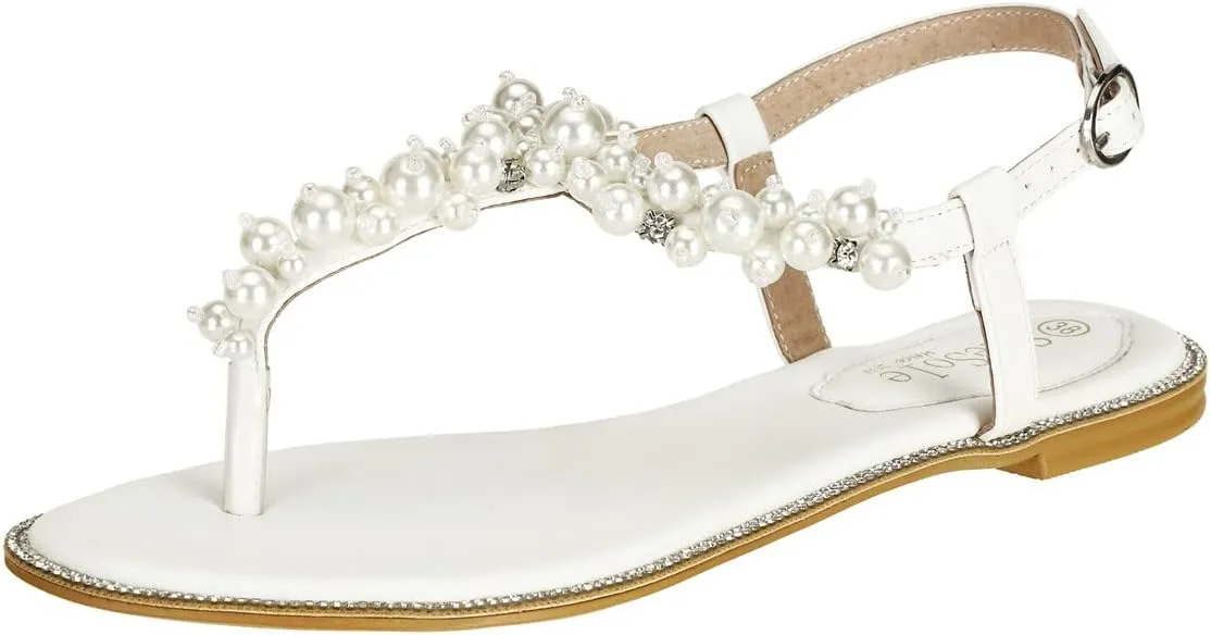 SheSole Women's Pearl Rhinestone Flats Sandals T-Strap Bride Wedding Shoes White