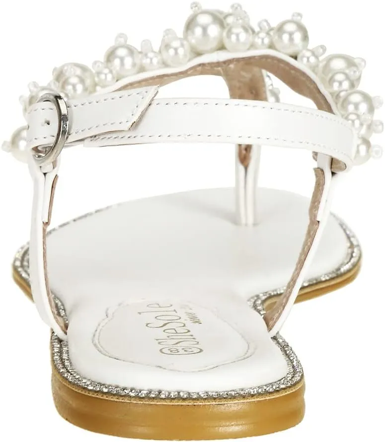SheSole Women's Pearl Rhinestone Flats Sandals T-Strap Bride Wedding Shoes White