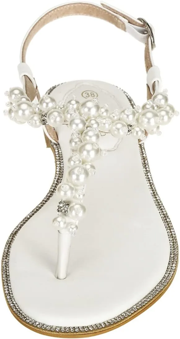 SheSole Women's Pearl Rhinestone Flats Sandals T-Strap Bride Wedding Shoes White