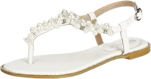 SheSole Women's Pearl Rhinestone Flats Sandals T-Strap Bride Wedding Shoes White